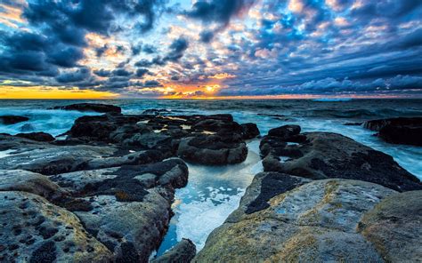 Fondos De Pantalla Mar Cielo Puesta De Sol Nubes Rocas Olas