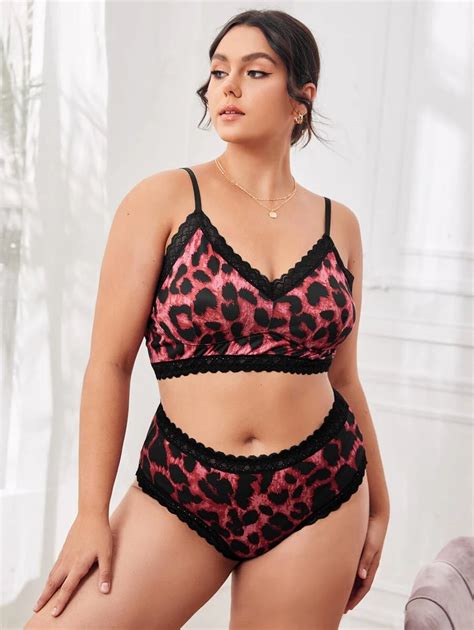 Plus Leopard Lace Trim Lingerie Set Shein Usa