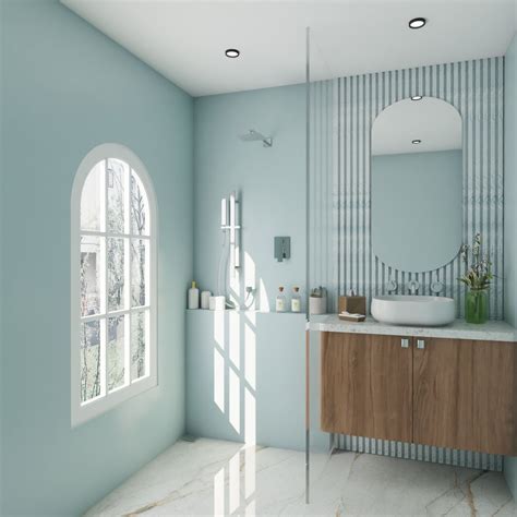 Space Saving Modern Sky Blue Bathroom Design And Circular Mirror Livspace