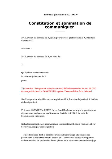 Mod Le Constitution Tj Tribunal Judiciaire De X Rg N Constitution