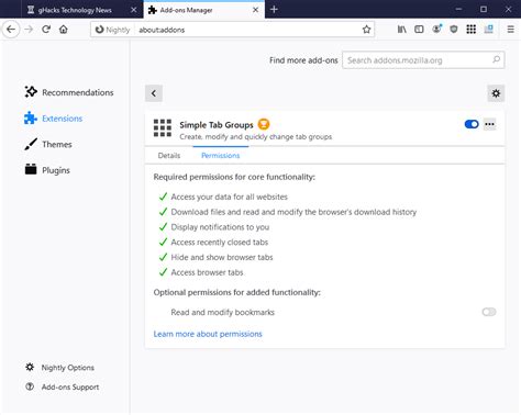 Firefox To Get Option To Manage Optional Extension Permissions On About