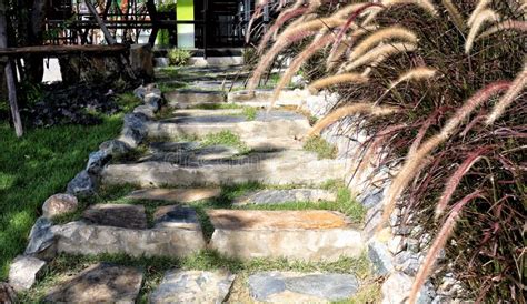 Stone Staircase Decorated with Flowers, Grass beside the Garden ...