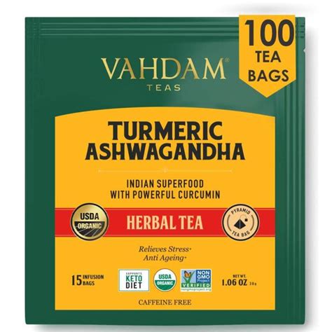 Vahdam Organic Turmeric Ashwagandha Superfood Herbal Tea 100 Tea Bags Usda Certified