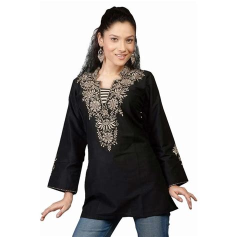 Indian Selections Black Long Sleeves Kurtitunic Neckline Embroidery Medium