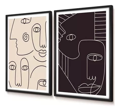 Quadro Decorativo Abstrato Duo Sala Rostos Linhas Bege X