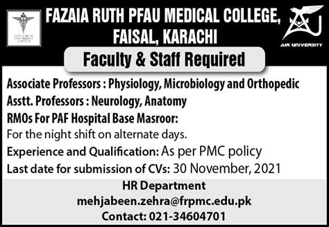 Fazaia Ruth Pfau Medical College Karachi Jobs Job