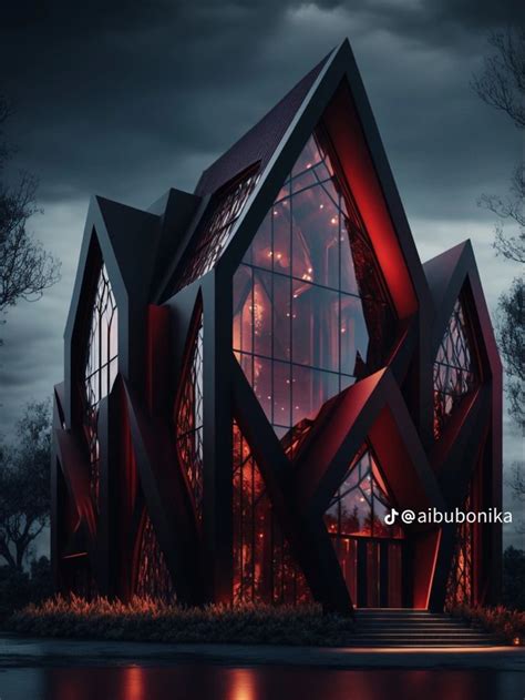 An Unusual House Is Lit Up With Red Lights And Dark Clouds In The Sky