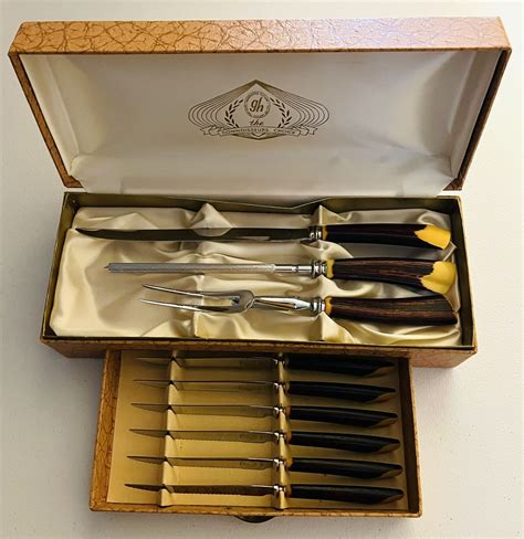 Vintage 9 Pc Glo Hill Cutlery Carving Set 6 Steak Knifes Bakelite