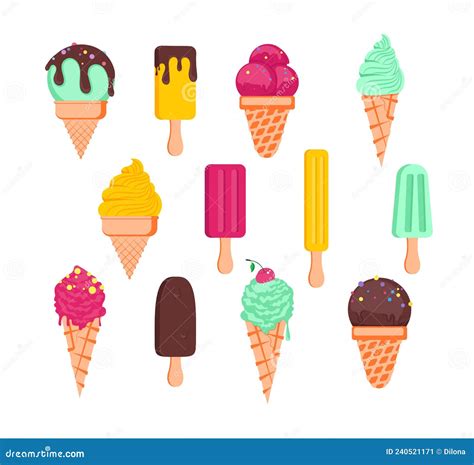 Set Of Tasty Ice Creams Sweet Summer Delicacy Sundaes Gelatos With