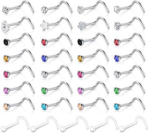 Incaton 20G Stainless Steel CZ Inlaid Nose Rings Studs Straight Bone