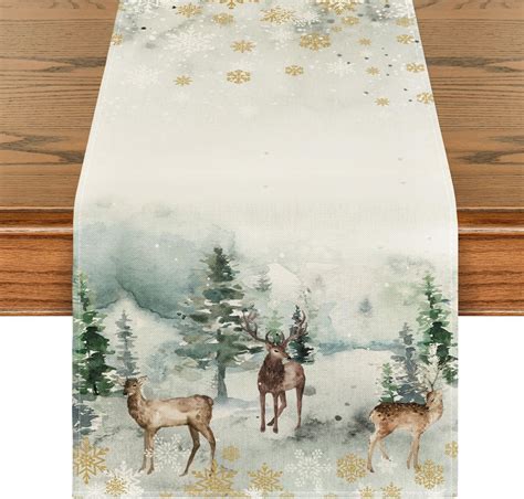 Artoid Mode Watercolor Deer Trees Snowflakes Christmas Table Runner