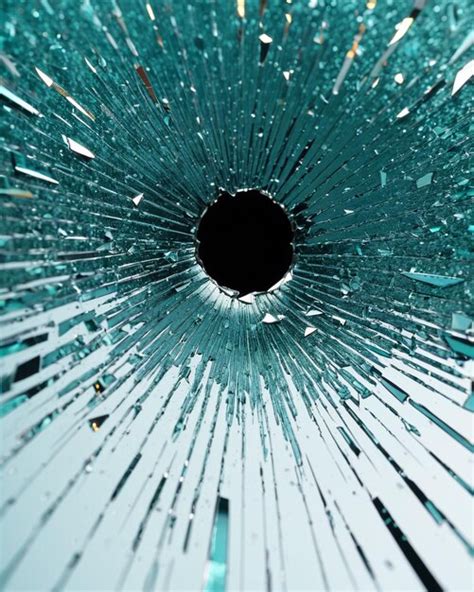 Hole In The Broken Window Glass By A Bullet Shot Circular Cracks Spreading Around The Hole