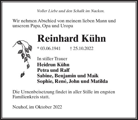 Traueranzeigen von Reinhard Kühn trauer anzeigen de