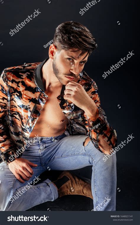 Cool Shirtless Guy Wearing Stylish Jacket Stock Photo 1648021141