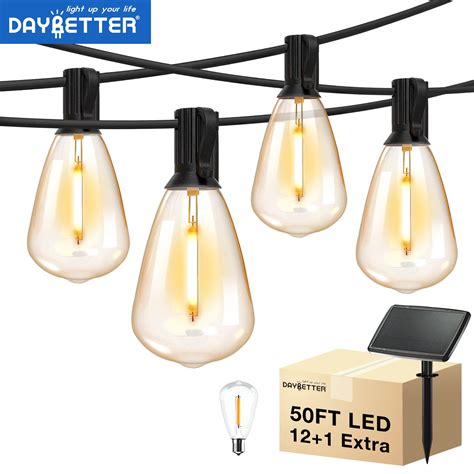 DAYBETTER 50ft Solar Outdoor String Lights With 12 Edison Vintage