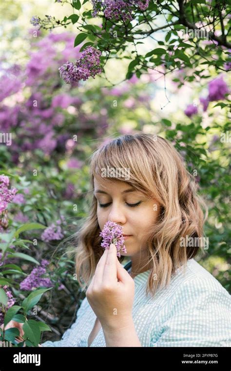 Candid Authentic Portrait Of 30s 40s Caucasian Blonde Woman With Lilac