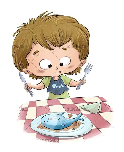 Little Boy About To Eat A Plate With Fish Diseño De Personajes