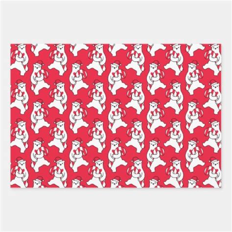 Polar Bear Candy Cane Wrapping Paper Set Of 3 Zazzle