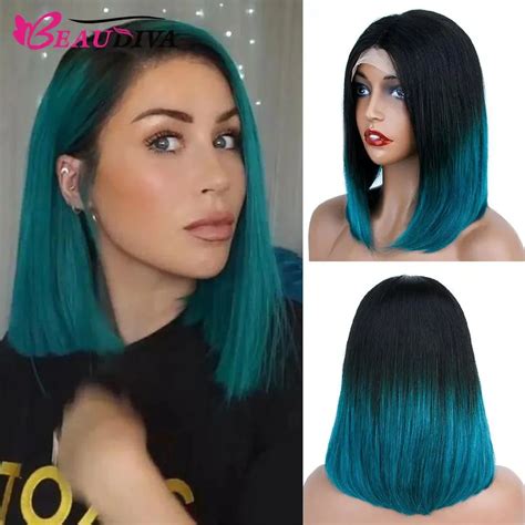 Straight Bob Wigs Blue Omber Color Lace Closure Human Hair For Women