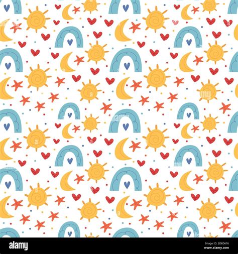 Bright Childrens Pattern In Boho Style Sun Moon Stars Rainbow