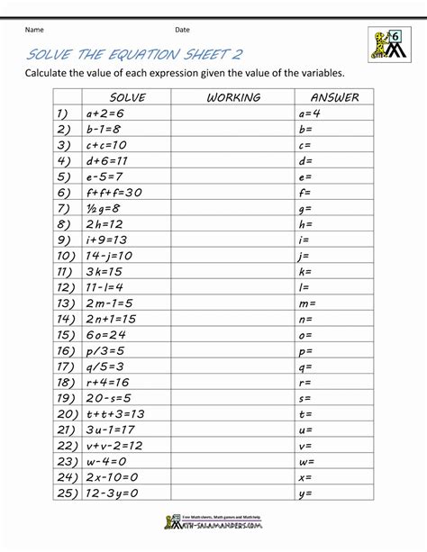 Solving For Y Worksheet