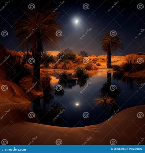 Oasis in the Desert at Night, Generative AI Stock Illustration ...