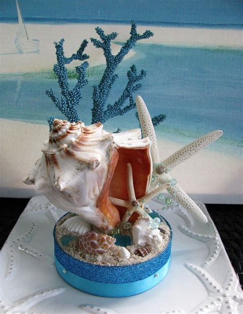 Seashell Starfish Blue Coral Beach Wedding Centerpiece Etsy Centros