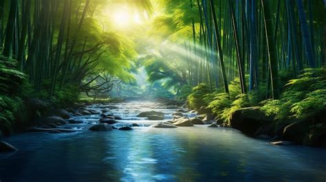 Premium Ai Image A Beautiful Bamboo Forest With Lake And Sunlight