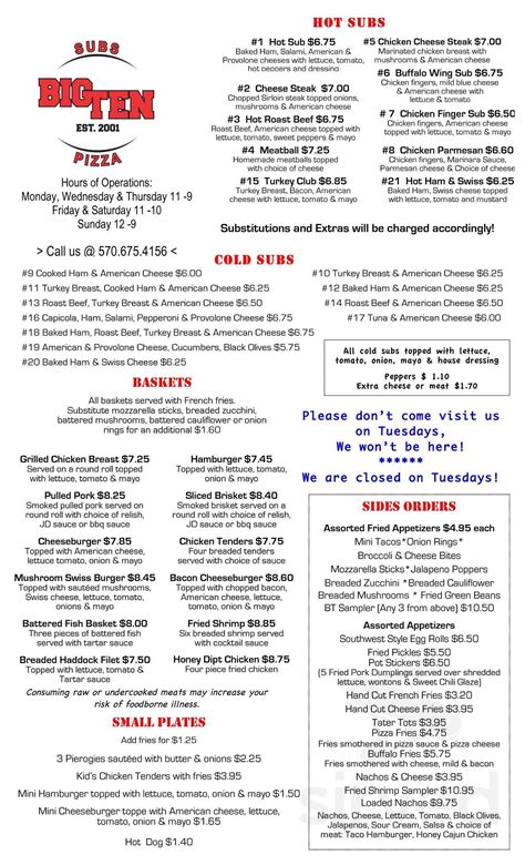 Big Ten Subs And Pizza Menu In Lehman Pennsylvania Usa