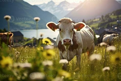 Cow on the flowered meadows. Nature with wild flowers and mountains in ...