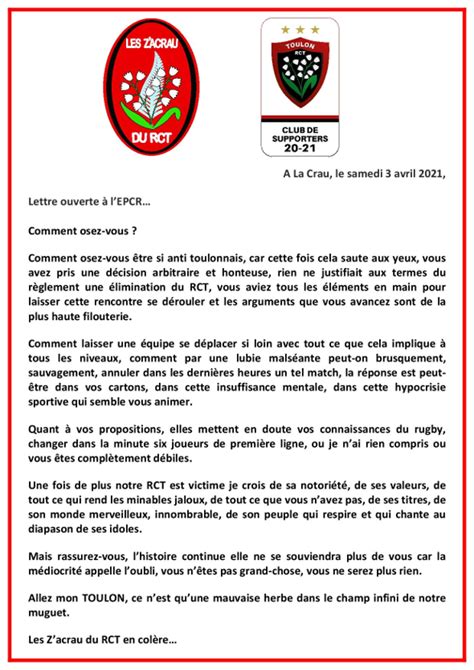 Lettre Ouverte L Epcr Les Z Acrau Du Rct