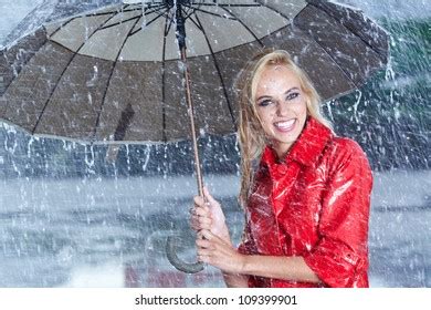 Beautiful Blonde Woman Holding Umbrella Out Stock Photo 110064062