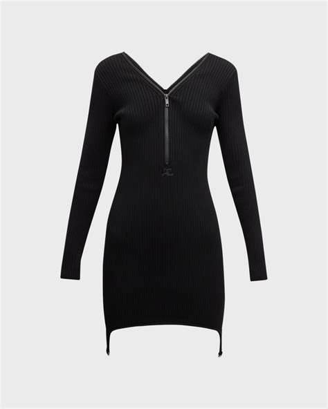 Courreges Rib Knit Zipper Mini Dress With Suspender Details Neiman Marcus