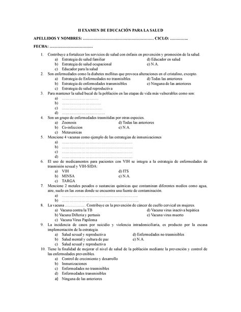 Examen De Educacion Para La Salud Ii Examen De Educaci N Para La