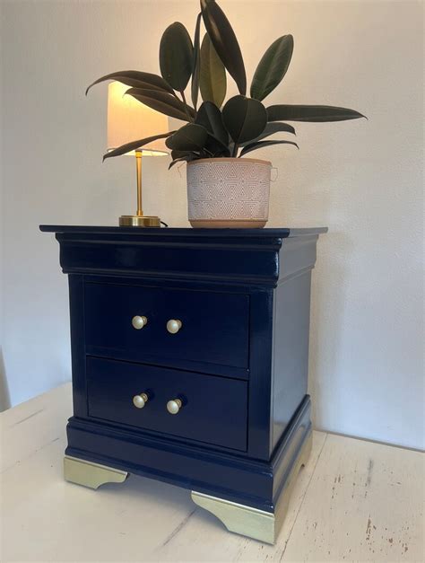 Navy Blue Nightstands With Gold Trim Etsy