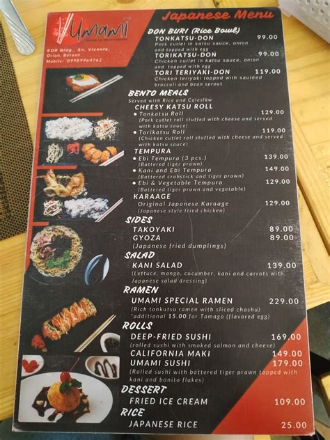 Menu at Umami restaurant, Orion