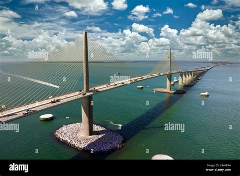 Sunshine Skyway Bridge Over Tampa Bay In Florida With Moving Traffic