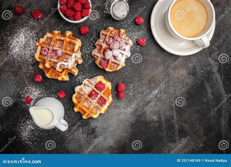 Belgian Waffles With Raspberries With Sugar Powder Traditional Belgian