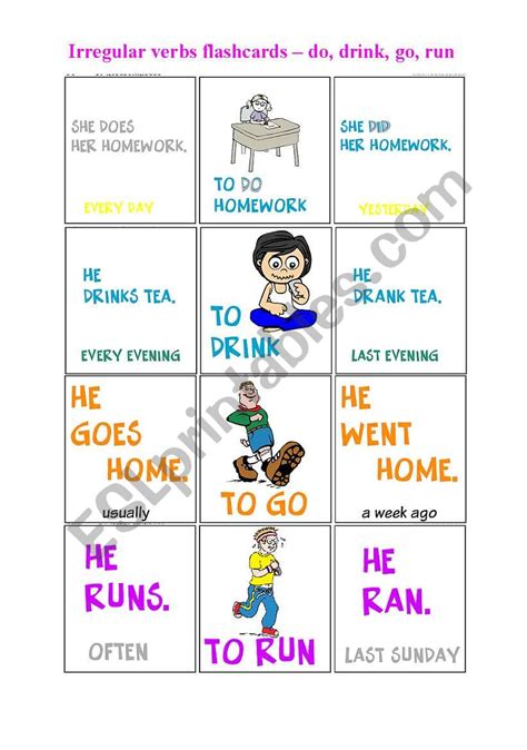 Irregular Verbs Flash Cards ESL Worksheet By Rosesunrise65