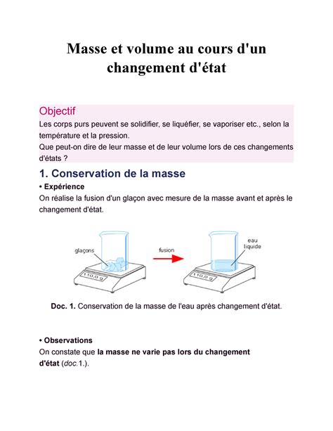 Masse et volume au cours d un changement d état Masse et volume au