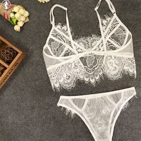 Alinry New Sexy Bras Women Black White Eyelash Lace Bras Brief Set