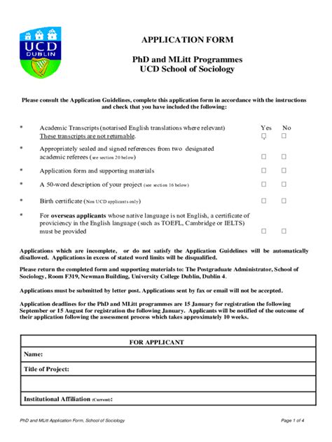 Fillable Online Application Form Phd And Mlitt Programmes Ucd School Of