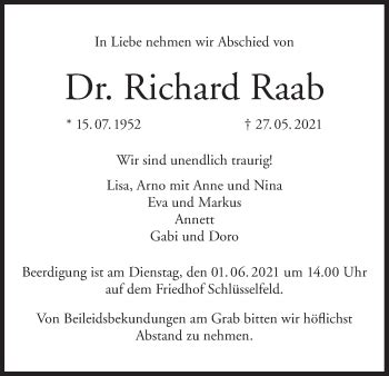 Richard Raab Traueranzeige Trauer InFranken De