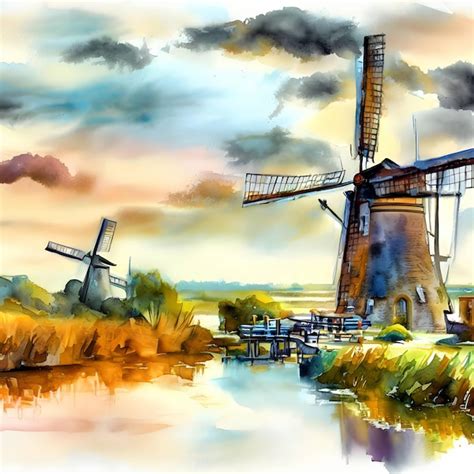 Premium AI Image Dutch Windmill Watercolor Style