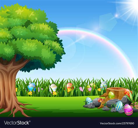 Happy easter nature background with rainbow Vector Image