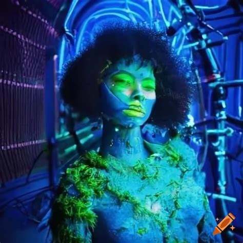 High Tech Biopunk Cyborg Covered In Glowing Moss In Futuristic