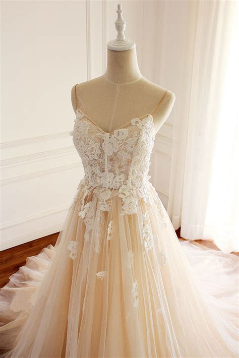 Champagne Tulle Lace Applique Long Prom Dress Champagne Evening Dress