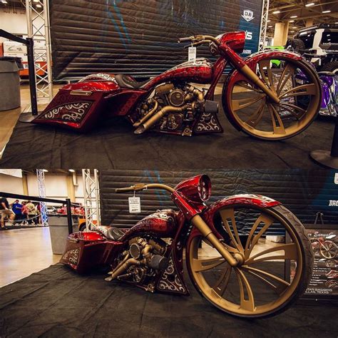 Two Pictures Of A Red And Gold Motorcycle On Display