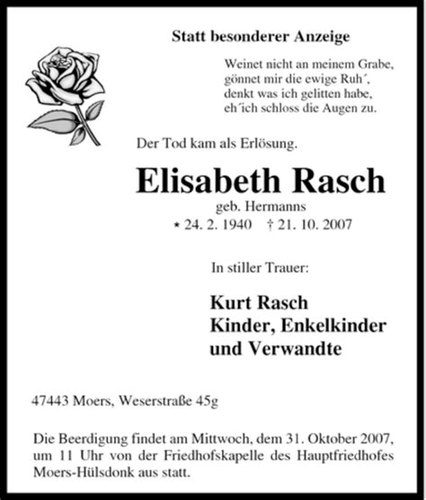 Traueranzeigen Von Elisabeth Rasch Trauer In NRW De