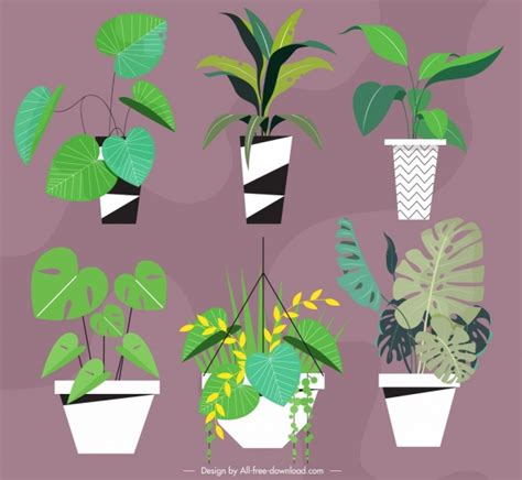 Plant Pots Icons Green Leaves Decor Classical Design Vectors Graphic